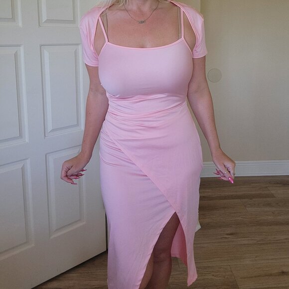 New Shein pink sleeveless ruched dress with shrug size L - Picture 1 of 10
